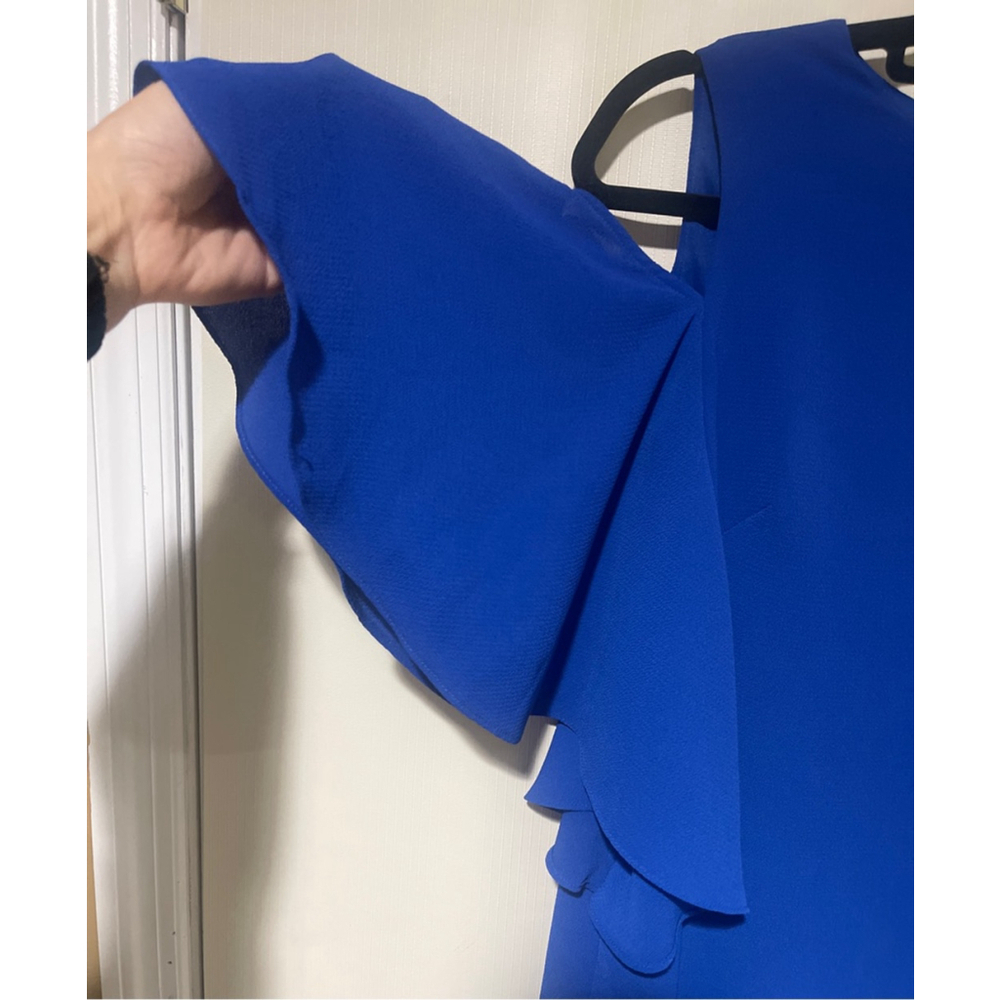 Women's London Times Royal Blue Cold Shoulder Ruffle Mini Dress US 4 - Picture 5 of 9